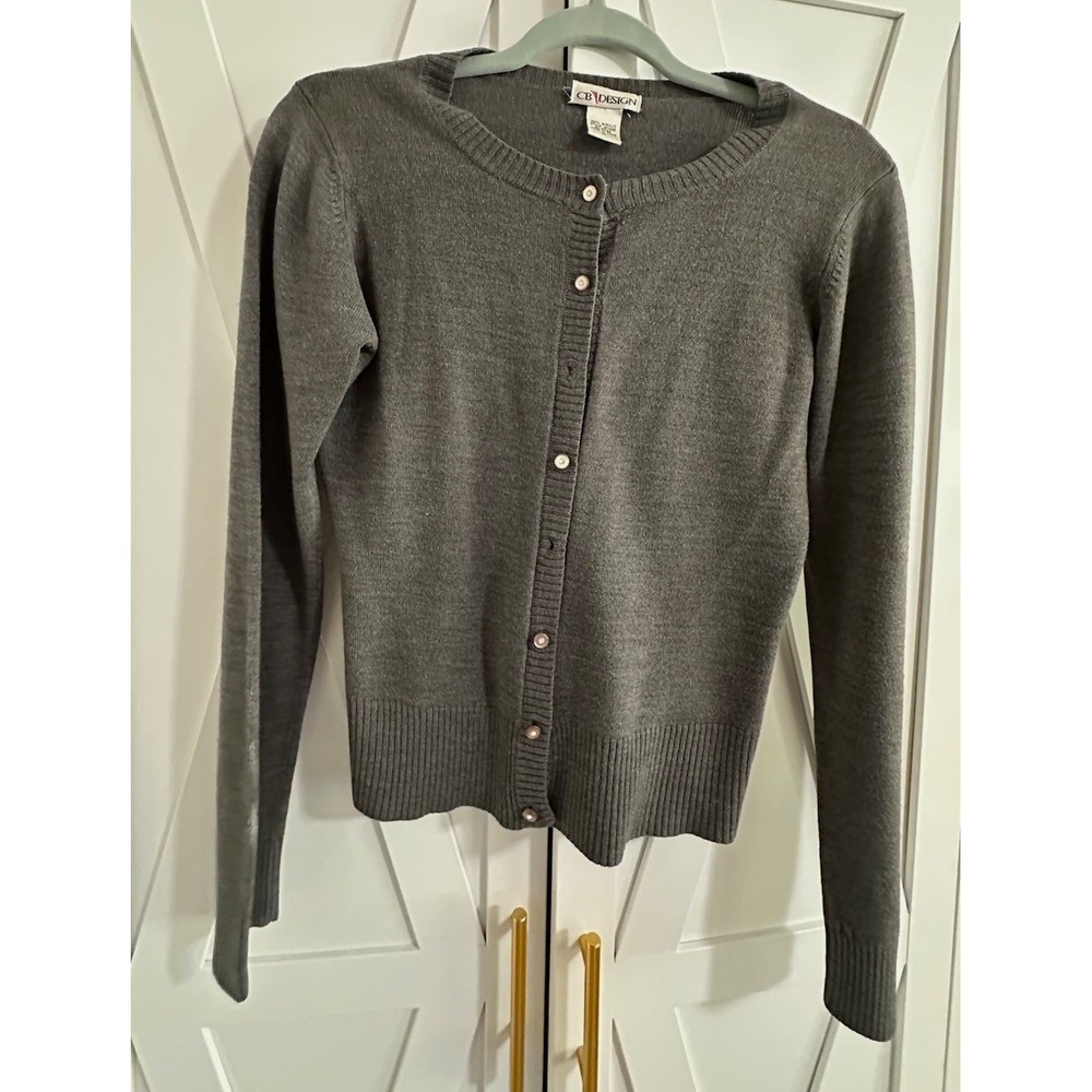 CB Design Women's Gray Knit Button-Front Cardigan Sweater Crew Neck M